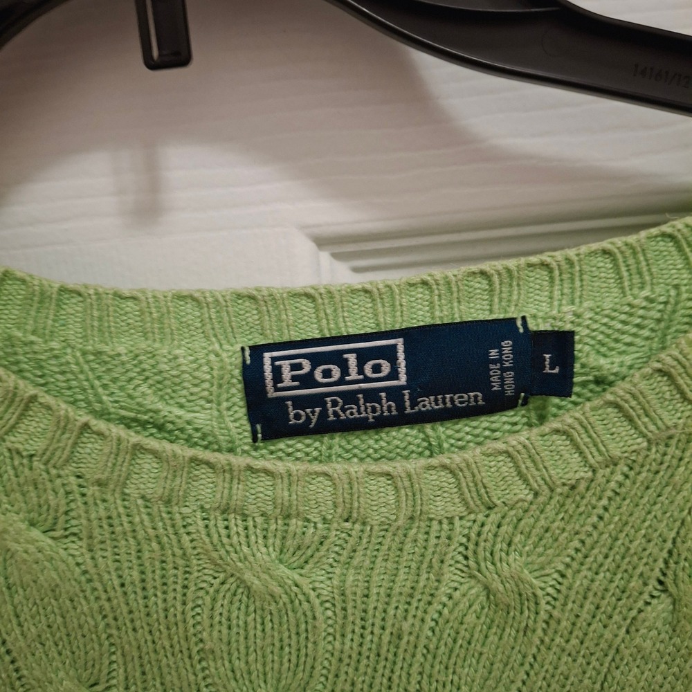 Polo Ralph Lauren Cable Knit Silk Sweater L Green Crew Neck Long Sleeve Logo‎ - Picture 2 of 10